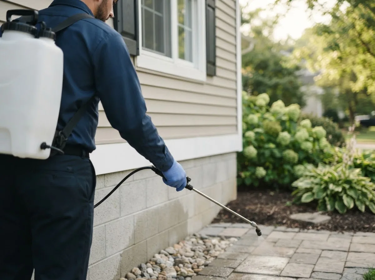 Pest control technician inspecting a home in Weddington, NC